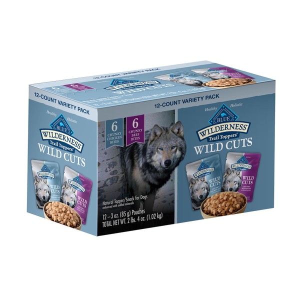 Blue Buffalo Wilderness Trail Toppers Wild Cuts High Protein, Natural Wet Dog Food Variety Pack, Chicken and Beef Bites, 3-oz Pouch, 12 Count