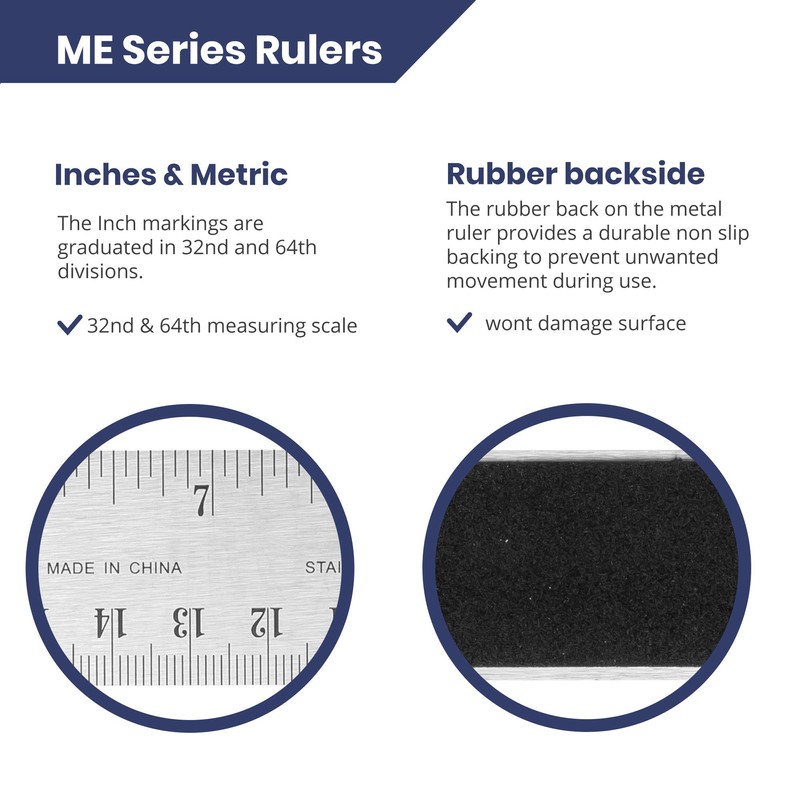 Stainless Steel 18 Inch Metal Ruler Non-Slip Rubber Back, with