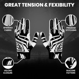 LYRX Professional Football Receiver Gloves with Optimal Silicone Palm Non-Slip Grip Control Ultra-Stick Sports Lightweight Glove and Precision Fit (Black Shine, Youth M (6.2"))