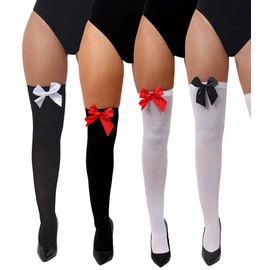 WHITE STOCKINGS WITH RED BOW - LADIES HOLD UP STOCKINGS WITH COLOURED BOWS FANCY DRESS ACESSORY (ONE SIZE FITS MOST - UK 6-16)