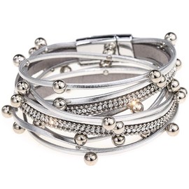 Suyi Women Wrap Bracelet Multilayered Leather Braided Bangle Wrist Cuff Bangles with Magnetic Buckle Silver1
