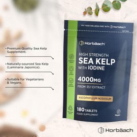 Sea Kelp Tablets 4000mg | Natural Source of Iodine | 3 Months Supply | High Strength Kelp Extract | 180 Vegan Tablets | by Horbaach