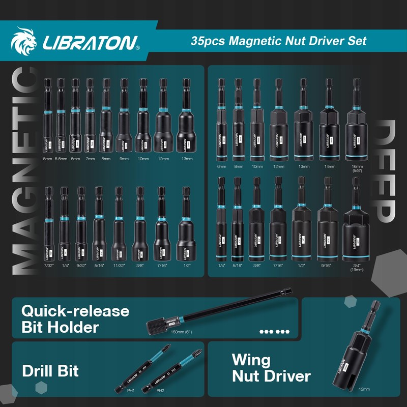 LIBRATON Magnetic Nut Driver Set, 35PCs Impact Driver Bit Set,