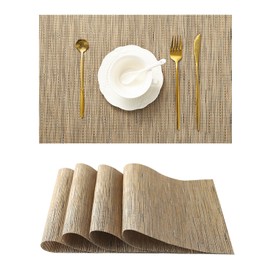 Leetaltree Light Brown Placemats Set of 4 - Heat Resistant Non-Slip Place mats for Dining Table, Washable Durable PVC Vinyl Woven Table Mats（Light Brown, 4）