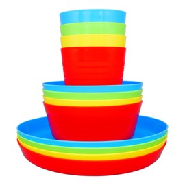 Bloomsworld Toddler Dining Set, 4 Plastic Cups, Bowls and Plates, Reusable, BPA Free, Kids Picnic and Party Tableware for Boys and Girls - Bright