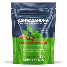 Ashwagandha 1000mg - Pure High Strength Root Extract Supplement for Mood Stress & Stamina (not Capsules) - KSM-66 Ayurveda Also Known As Withania Somnifera - 90 Vegan Tablets Made in The U.K