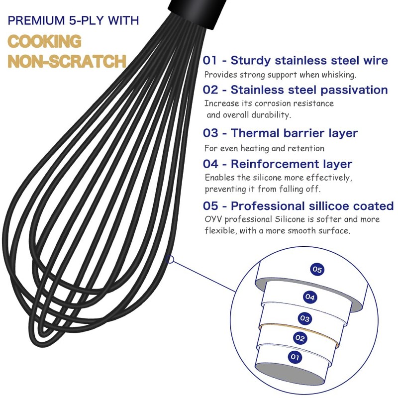 OYV Dishwasher Safe Silicone Whisk, Sealed Waterproof Design Set of