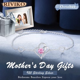 RIVIKO Love Heart Charm Bracelet For Women 925 Sterling Silver October Birthstone Bracelets Adjustable Link for Mother Wife Sister Birthday Christmas Mother's Day Valentine's Day Jewelry Gift