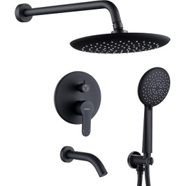 HomGoo Shower System with Tub Spout, Wall Mounted Shower Faucet Set for Bathroom with 10 Inch Rain Shower Head and Handheld Shower Head Set, Matte Black