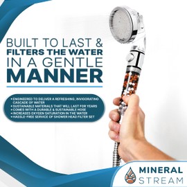 MineralStream Ionic Shower Head 2.0 + Hose | Ecowater Spa Showerheads for Dry Hair & Skin | 3 Settings High Pressure Water Saving Showerhead with Filter Beads