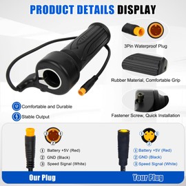 PSLER Full Twist Throttle Ebike, 12V-72V 3 Pin Full Twist Throttle for 22.2mm Handlebar Electric Bike Scooter Motorcycle with Waterproof Connector,20X