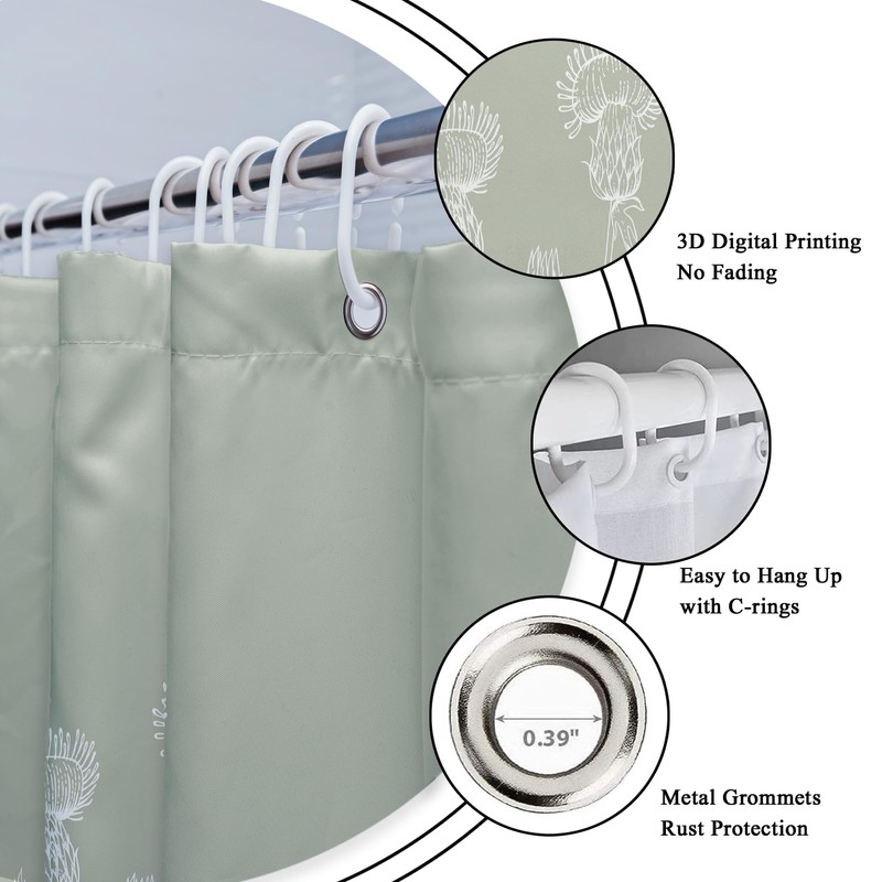 Riyidecor Sage Green Floral Wildflower Shower Curtain for Bathroom Decor