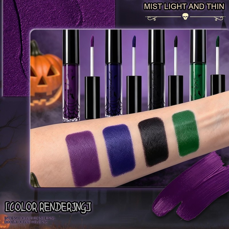 4PCS Halloween Matte Liquid Lipstick Set,Green Blue Black Lip Gloss