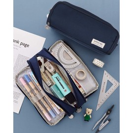 MAMUNU Pencil Case Large Capacity Pencil Pouch with 3 Compartment Stationery Storage Pen Bag for School Office Pencil Bag Comestic Makeup Bag for Women Men Girls Boys (Dark Blue)