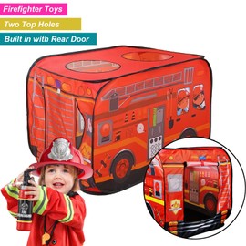 Houzefun Pop Up Tents for Kids, Indoor Playhouse for Toddler with Golf, Dart, Basketball Hoop and Firefighting Playset, Camping Tent for Toddlers 1-3, Flat-Folding Fire Truck Play Tent