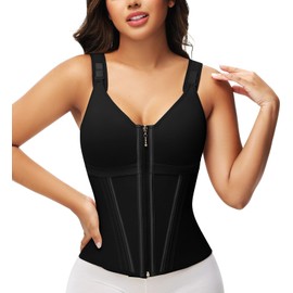 SHAPSHE Waist Trainer Corset for Women Tummy Control Sport Workout Body Shaper Vest for Women Postpartum Gym Zipper and Hooks Black