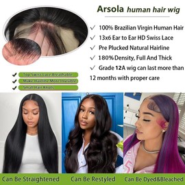Arsola 28 Inch 13x6 Lace Front Wigs Human Hair 180 Density Straight Human Hair Wigs Pre Plucked 13x6 HD Frontal Lace Straight Glueless Wigs For Women