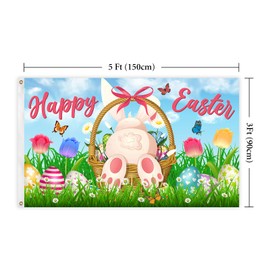 Happy Easter Bunny Flag 3x5 Ft Easter Eggs Rabbits Flowers Butterfly Spring Banner Flags with Brass Grommets for Indoor Outdoor Balcony Lawn Fence Party Home Decor