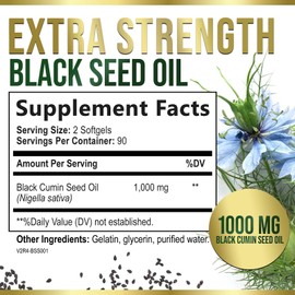 Nature's Nutrition Premium Black Seed Oil Softgels 1000mg - Cold Pressed Nigella Sativa Blackseed Oil, Pure Black Cumin Seed Oil & Antioxidant for Skin & Immune Support - Extra Strength Non-GMO Supplement - 180 Softgels