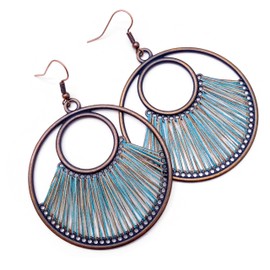 Large Circle Earrings Lake Blue Thread Antique Copper Look : 75mm long, Oversized Boho Earrings for Women