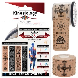 Kinesiology Tape Precut with Dispenser - Synthetic Sports Muscle Tape - Beige Talisman - 5m Roll - 20 Strips - Physiotherapy Tape for Face, Back, Elbow, Knee & Muscles (Beige Viking Vertical)