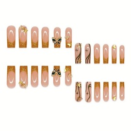 Gold Glitter French Tips Press on Nails Long Square Fake Nails with 3D Gold Butterfly Designs Green Rhinestone False Nails Glossy Summer Stick on Nails Curve Handmade Nails for Women Manicure 24Pcs