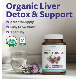 USDA Organic Milk Thistle Capsules - 80% Silymarin Supplement for Liver Support- Super Concentrated 300mg of 30:1 Milk Thistle Extract Equivalent to 9,000mg - Milk Thistle Liver Detox 120 Day Supply