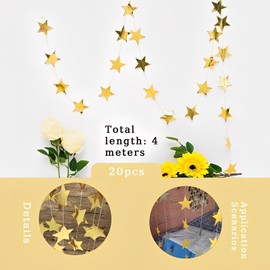 4M Gold Glitter Reflective Star Paper Garland, 33 Twinkle Stars Bunting Banner Hanging Decoration Streamer for Birthday Wedding Holiday Party Backdrop Supplies