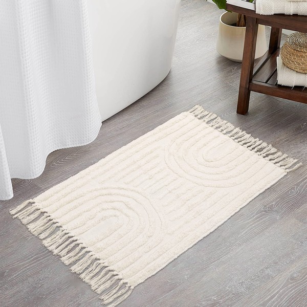 Lanffia Boho Bathroom Rug 2x3, Washable Kitchen Rugs, Beige Handmade Tufted Cotton Rainbow Rug with Tassels Farmhouse Small Throw Rugs for Bedroom/Laundry/Doorway/Porch