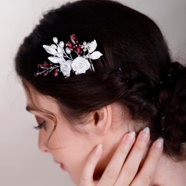 BERYUAN White Rose Flower Crystal Hair Comb for Women Cute Crystal Comb for Bride RED 1