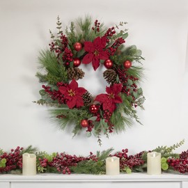 Artificial Red Berry and Poinsettia Christmas Wreath 28-Inch Unlit