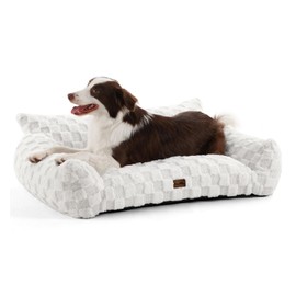 Made4Pets Dog Couch Bed, Soft Faux Fur Checkered Indoor Pet Sofa, Comfortable Fluffy Dog Sofa with Supportive Foam, Removable Washable Cover with Non-Slip Base, White, Large