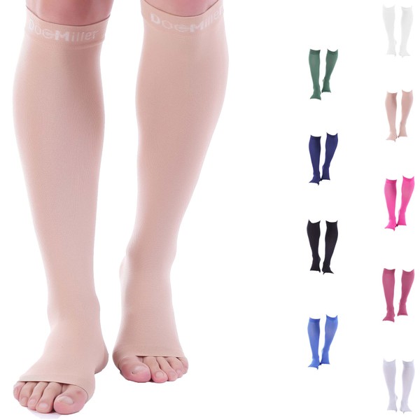 Doc Miller Open Toe Socks – 1 Pair Compression Socks Women & Men 20-30mmHg Support Stockings Travel DVT Shin Splints Varicose Veins Legging Medical Grade Nurses (Skin Open Toe, 4X-Large)