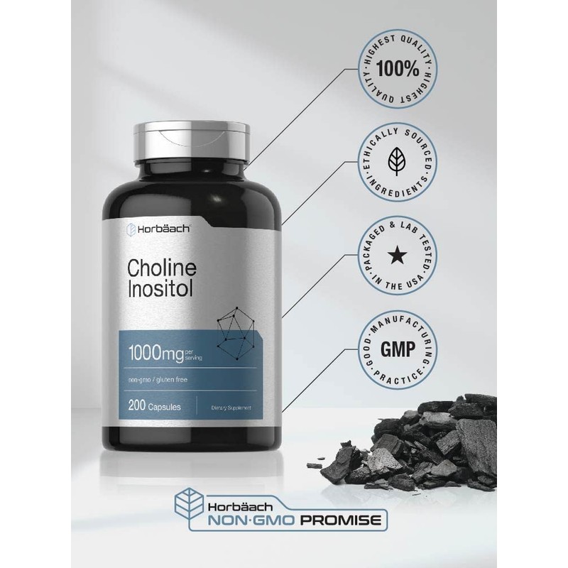 Horbaach Choline Inositol 1000mg Supplement | 200 Capsules | Non-GMO,