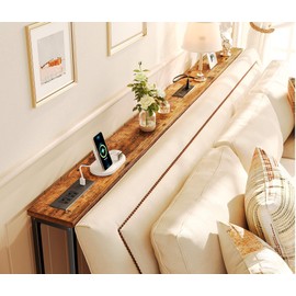 SUPERJARE 5.9 Inch Narrow Console Table with Outlet, Sofa Table Set of 2, Total Length 78'', Behind Couch Table, Long Entryway Tables with Charging Station, for Living Room, Rusitc Brown