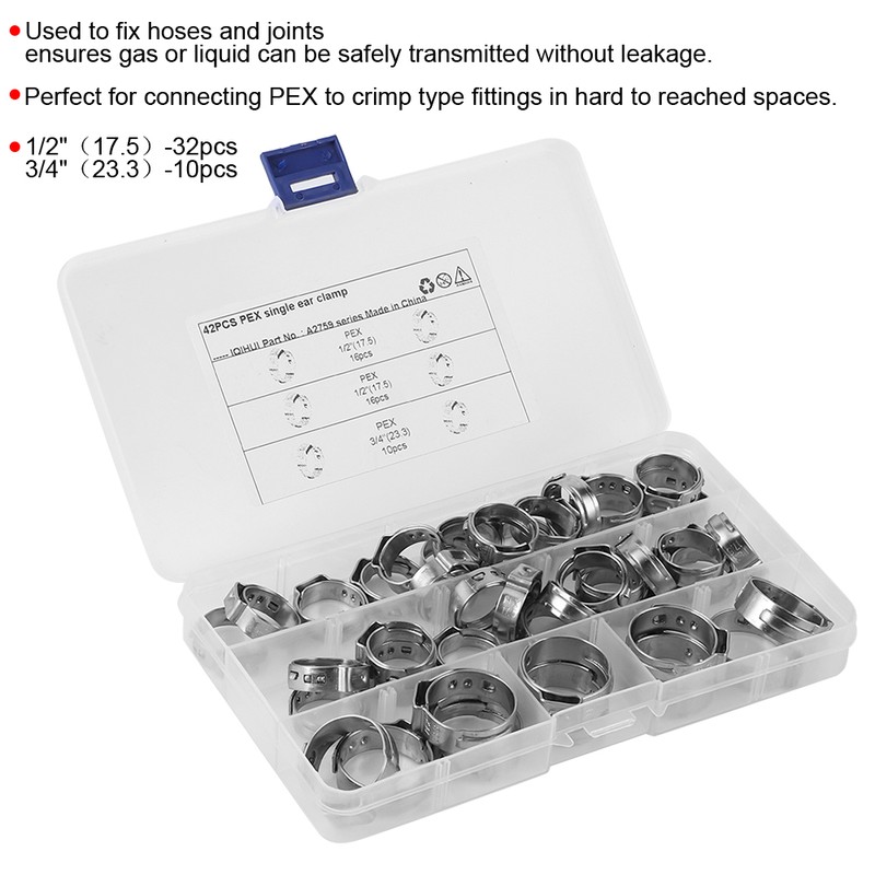 42pcs Stainless Steel Cinch Clamps Rings Single Ear 1/2in 3/4in