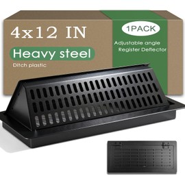 4x12 Floor Register with Vent Deflector, Heavy Duty Steel 2-in-1 Air Vent Cover, Adjustable Draft-Free Airflow, Tool-Free Drop-in Installation, Black 1 Pack