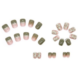 Flower Colors Press On Nails Short, Almond Glue On Nails, False Nails With Glue, Full Cover Green With Diamond Square Fake Nails Manicure Decoration Acrylic Nails for Women And Girls
