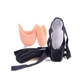 Daydance Ballet Pointe Shoes Girls Women Ribbon Ballerina Shoes with Toe Pads, Black, 10