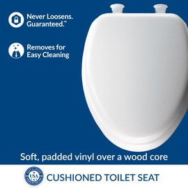 Mayfair Padded Toilet Seat, Cushioned Soft Vinyl over Wood Core Seat, Secure Hinges, Easy Clean, Elongated, White