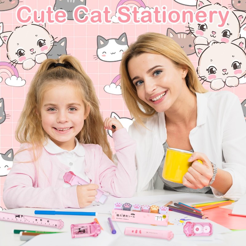 TIESOME Cute Cat Paw Stationery Set, 7 Pcs Kawaii Cartoon