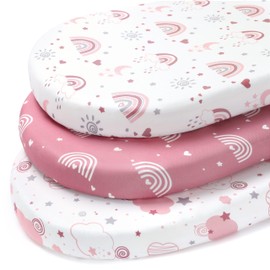 FIEMOL Baby Moses Basket Sheets Girl, 81x41 cm Pram Sheets Fitted Universal Fit for Bassinet Cradle Oval Rectangle Round Mattress, 3 Pack Ultra Soft & Silky Smooth Microfiber Pink Rainbow