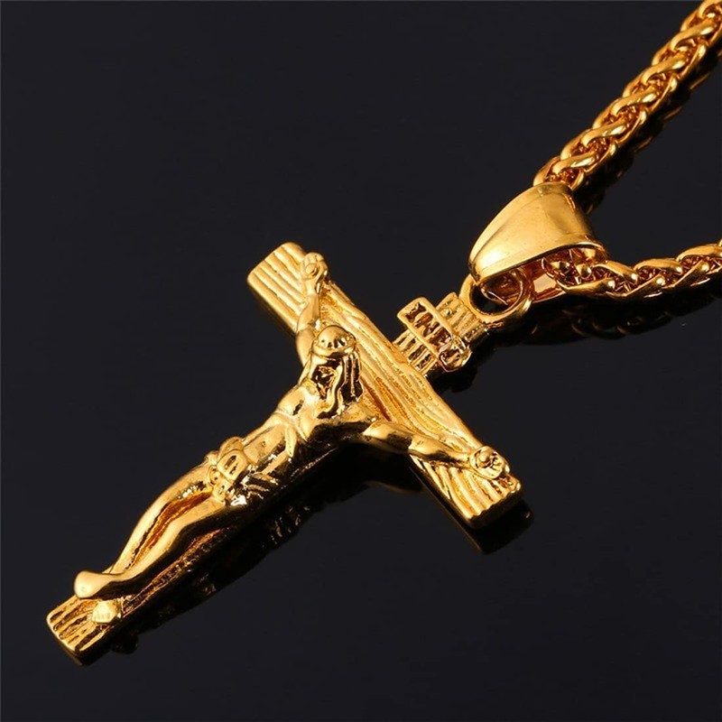 Stainless Steel Cross Necklace for Men Women Golden Crucifix Christian