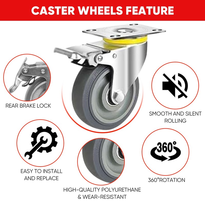 TONKI 5" Heavy Duty Quiet Caster Wheels Set (4-Pack) -