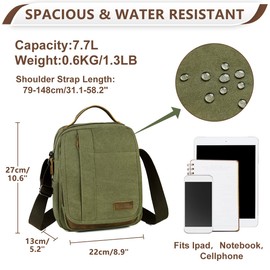 VASCHY Man Bag, Water Resistant Canvas Shoulder Bag Mens Small Messenger Bag with Multiple Pockets and Genuine Leather Top Handle Satchel Bag for Women Fits 8 Inch Ipad，Phones(Green)