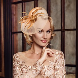 Zinniday Heart Mesh Feather Fascinators - High Tea Party Hats Gold 2025 Kentucky Hat with Hair Clip, 1920s 50s Accessories Classic Victoria Derby Cap for Lady Women Cocktail Church Attire Dress Up