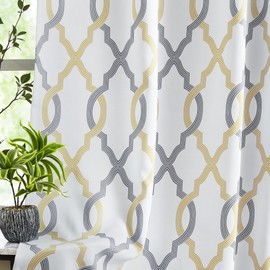 ugoutry 100% Blackout Curtains 63 Inches Long for Bedroom, Yellow Grey on White Moroccan Geometric Patterned Window Curtain for Living Room, Farmhouse Thermal Insulated Drapes Grommet Top 2 Panels