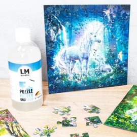 LM Puzzle Glue/Preserver & Varnish 500 ml + 4 Sponges - Transparent - for Gluing Large & Small Puzzles. The Fixer can be applied with a sponge or brush