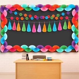 Pasimy 46 Pcs Rainbow Bulletin Board Border Classroom Decorations Honeycomb Paper Fans with Honeycomb Ball & Tassel for Back to School Classroom Home Wall Birthday Party Decorations