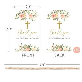 Baptism Thank You Tags, 50 Pcs Cross Design Thank You for Celebrating with Us Paper Tags for Newborn Baby Shower Birthday (Pink)